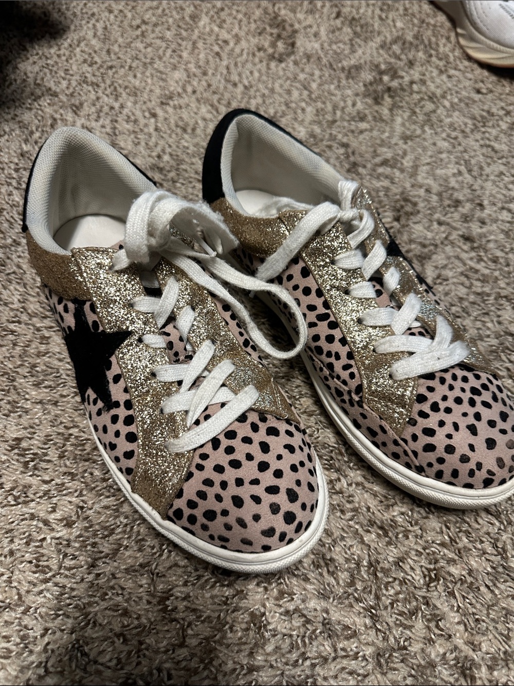 PartyLite Pink Leopard Spot Sneakers with Gold Glitter Accents